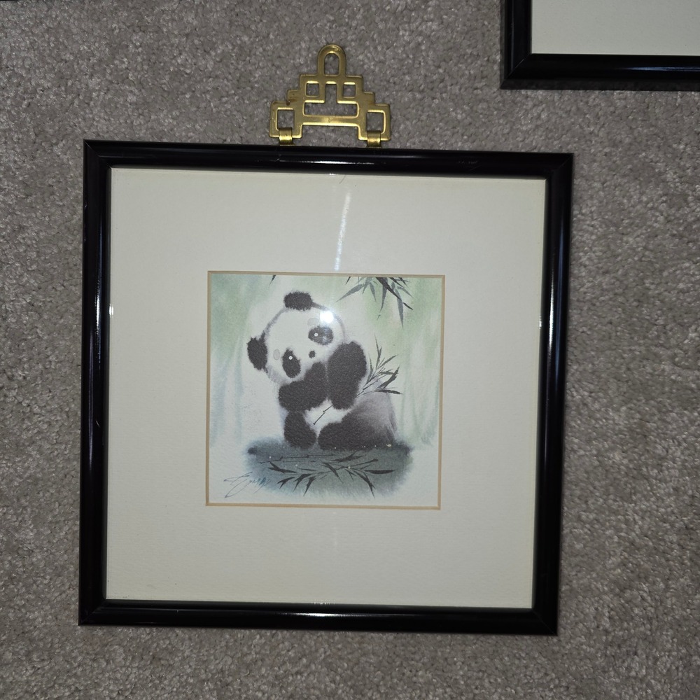 Vintage Set of 3 Framed Panda Prints Chinoiserie Brass Pagoda Hanger 8x8 zoocore - Picture 11 of 16